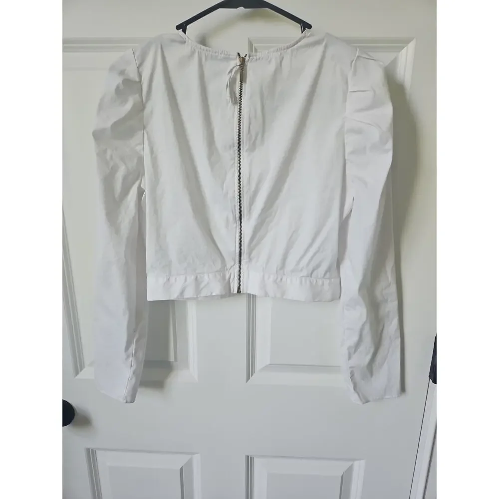 Zara Basic White Puff Sleeve Crop‎ Top Blouse Exposed Back Zipper Womens Medium